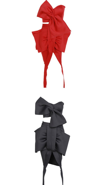 Dolly High End Sleeveless Big Bow Off Shoulder Tube Top +High Waist Irregular Skirt-LULA