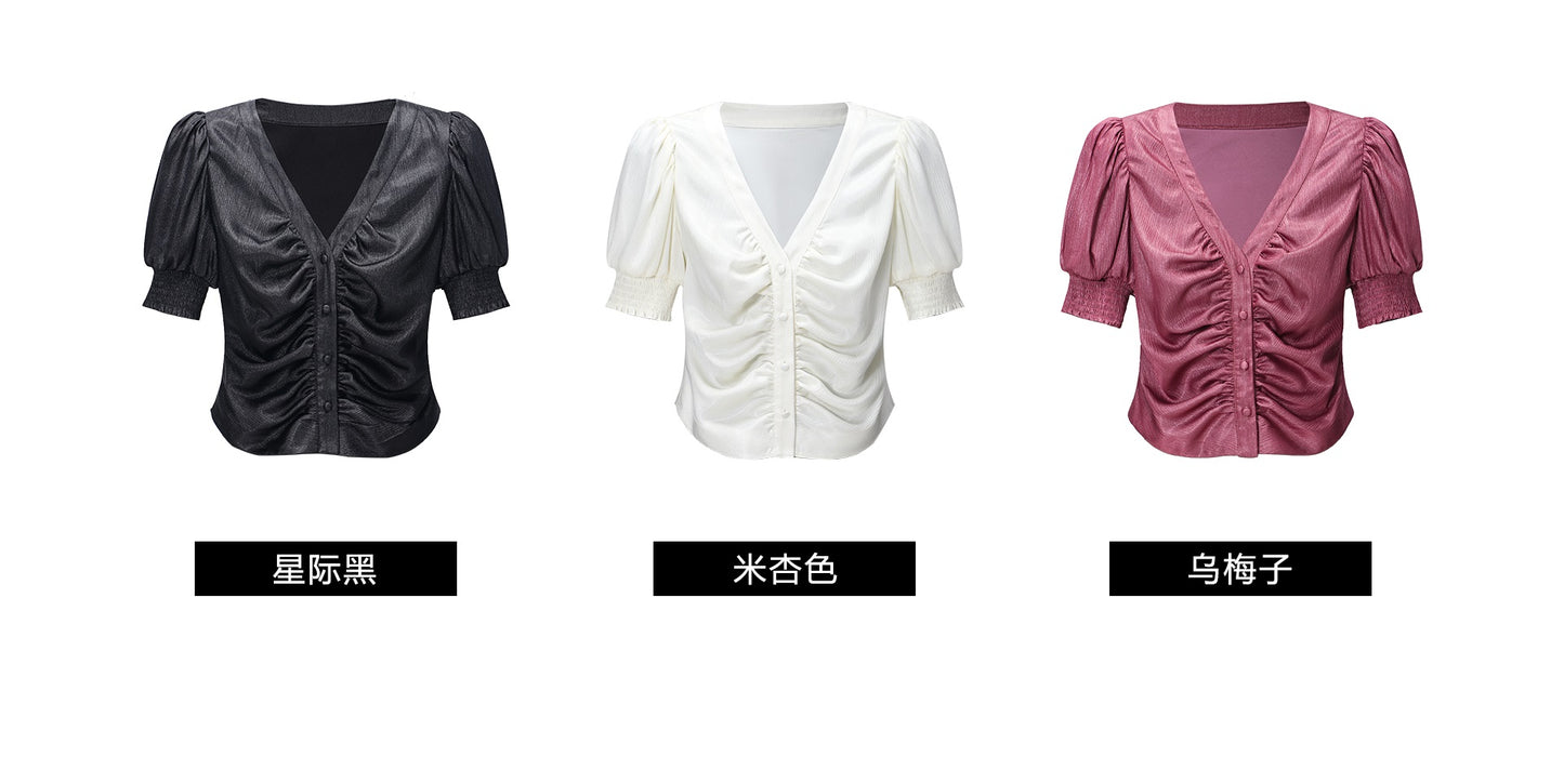 WANGXO Lumina Silk Satin Twill V-Neck Puff Sleeve Top - REYNA.