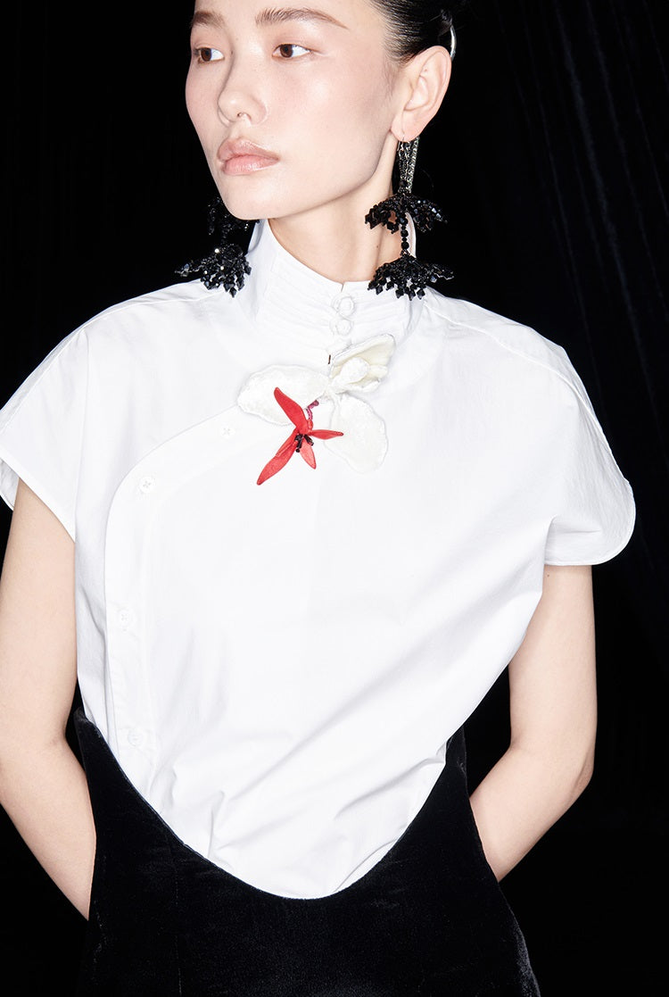 M essential Mackay designer bloom white dense cotton sleeveless stand-up collar shirt - NEON.