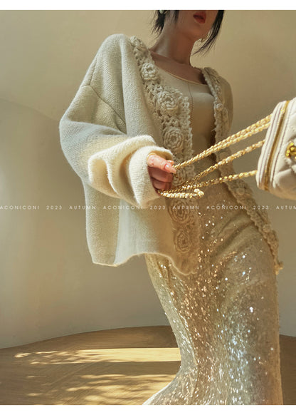 Aconiconi Luxury Loose V-Neck Long Sleeve Crochet Sweater - Camellia in the Fields