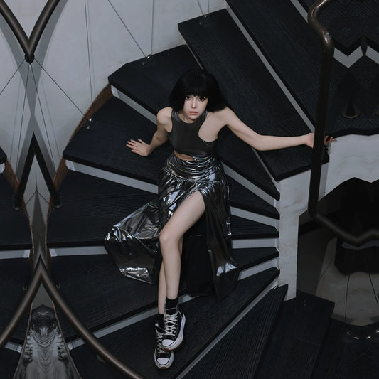 DOLLY High End Liquid Sliver Grey Crew Neck Sleeveless Pleated Street Dress-LEZY  (V)*