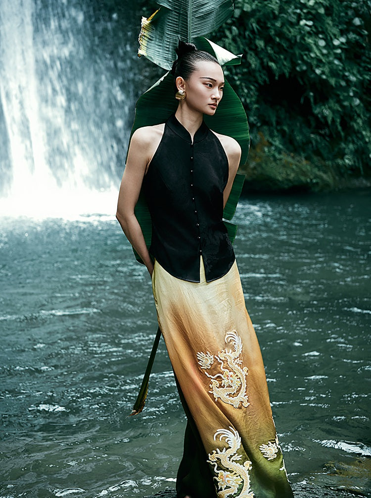 HECO Chinese blended gradient golden dragon embroidered straight skirt - RELY.