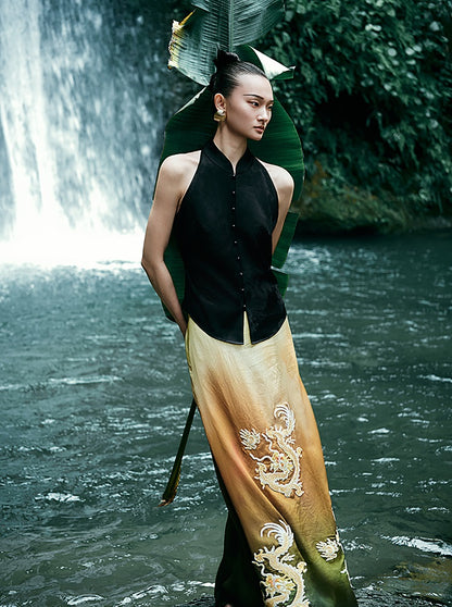 HECO Chinese blended gradient golden dragon embroidered straight skirt - RELY.