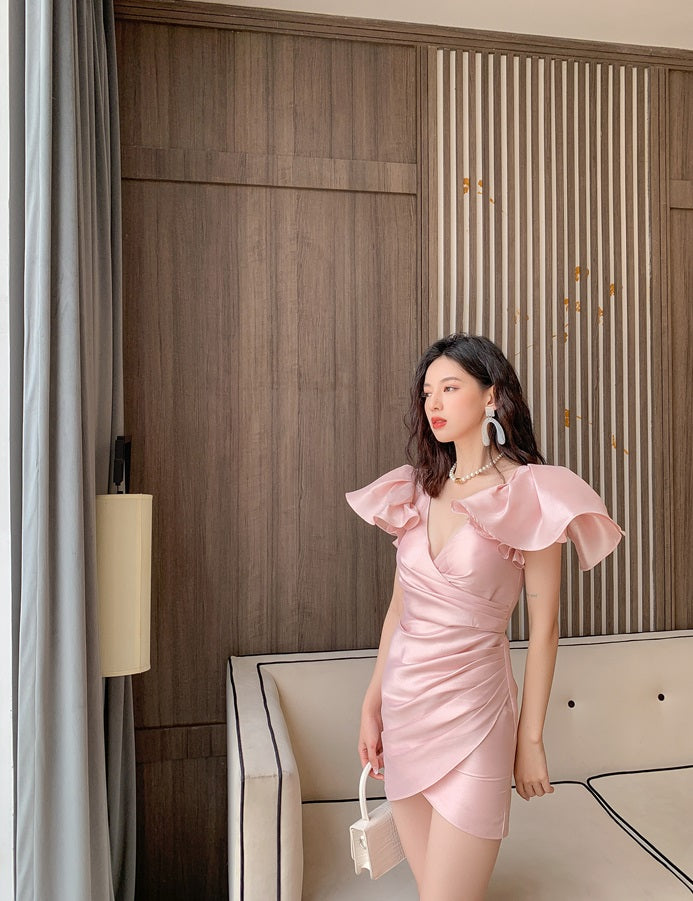 DOLLY Elegant V-Neck Short Flying Sleeve Hip Wrap Short Dinner Date Dress-KELA