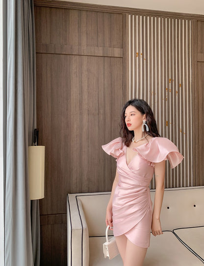 DOLLY Elegant V-Neck Short Flying Sleeve Hip Wrap Short Dinner Date Dress-KELA