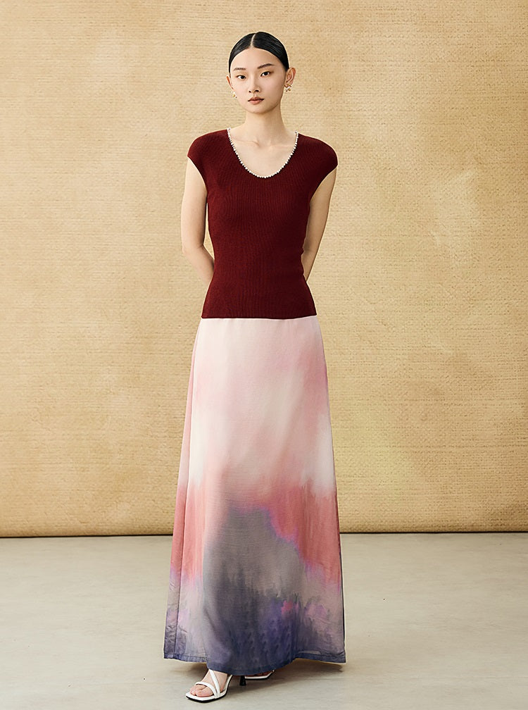 HECO Chinese style U-neck nail bead shoulder wrap small fly sleeve top - ROSE.