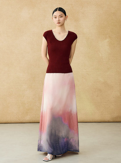 HECO Chinese style U-neck nail bead shoulder wrap small fly sleeve top - ROSE.