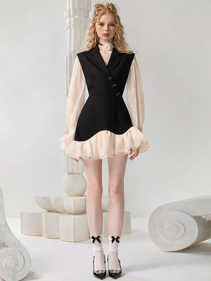 CHECOCRE Elegant Ruffle Contrasting Design Black Suit Dress- EDNA