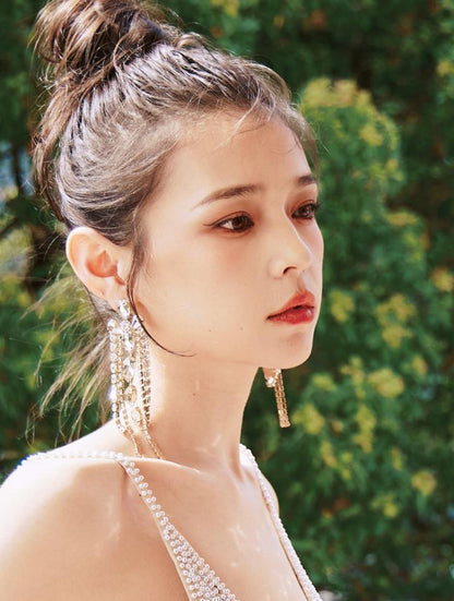 DOLLY Elegant Diamond Tassel Gold Earrings-JUANA