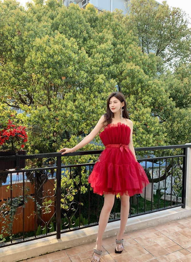 DOLLY Elegant Sleeveless Off Shoulder Chest Wrap Midi Princess Dress-JANEY