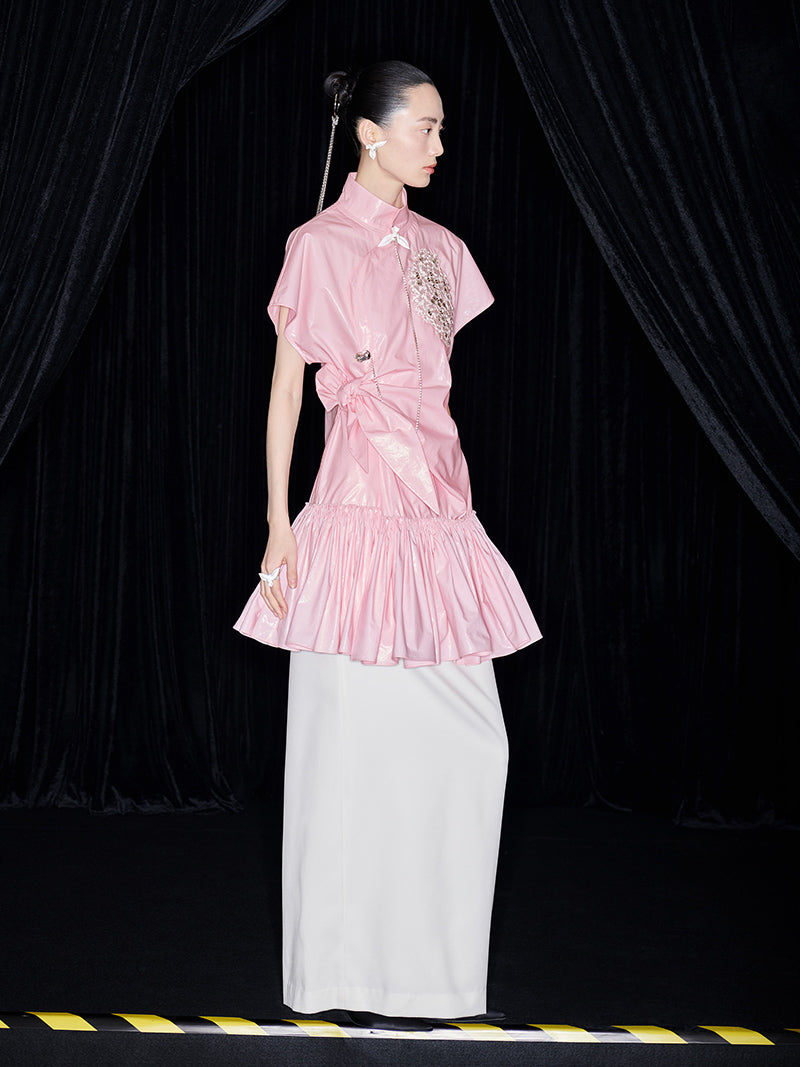 M essential Mackay designer Pink Peach Quilt Pleated Cardigan dress skirt - Lotta.