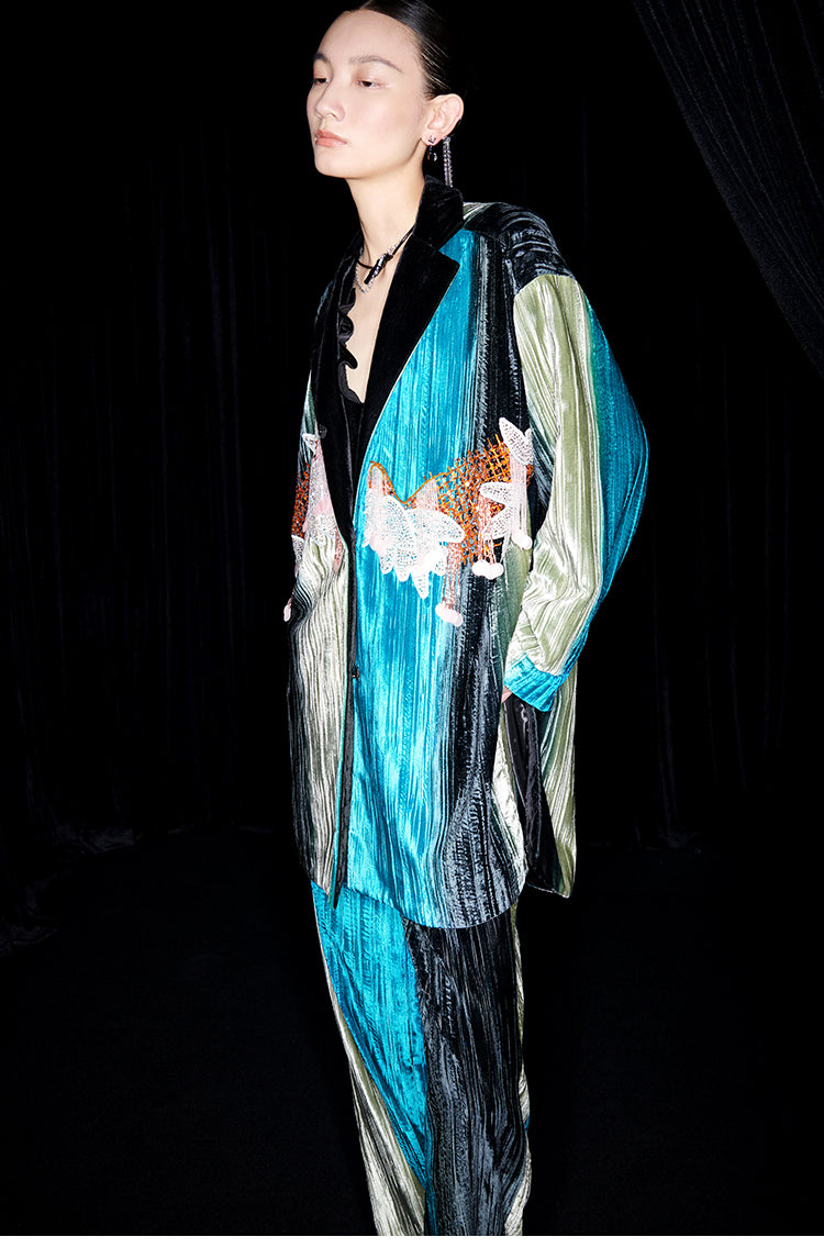 M essential Mackay designer hand-painted velvet tassel-embellished jacket pant set- Sanui.