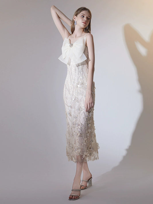 Wardrobes by Chen Cream Sleeveless Flower Long Bow Evening Dress-DONNE