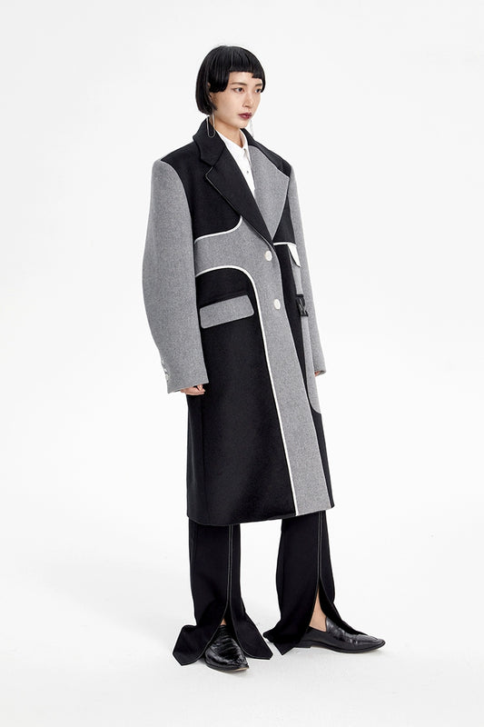 TINY IN Asymmetric black and gray wool women's coat- TRAIL