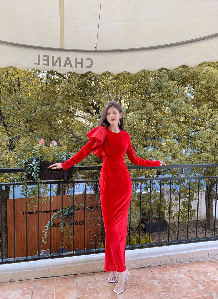 DOLLY Elegant Velvet Crew Neck Long Sleeve Ruffle Long Banquet Dress-PELKA