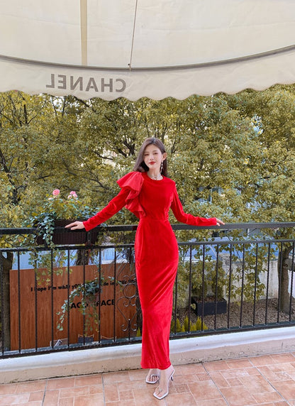 DOLLY Elegant Velvet Crew Neck Long Sleeve Ruffle Long Banquet Dress-PELKA
