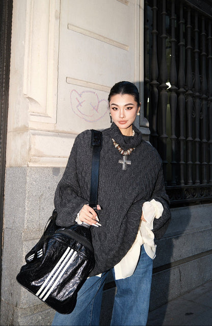 MEI SANGUAN gray loose turtleneck twist lazy over top sweater - HADLEY