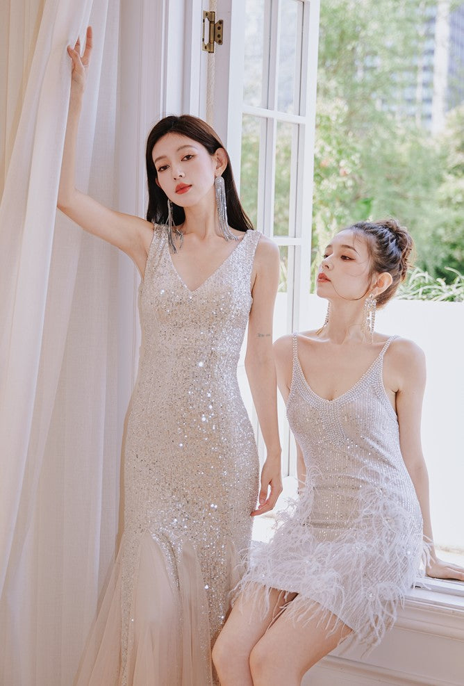 DOLLY Elegant Deep V-Neck Sleeveless Sequin Mesh Long Cocktail Dress-JUSTINA