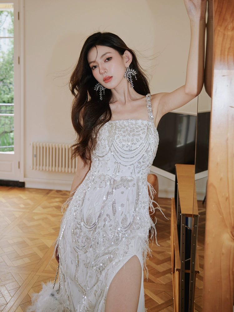 DOLLY Luxury White French Style Sleeveless Sequin Embroidered Long Slit Party Dress-Dalia