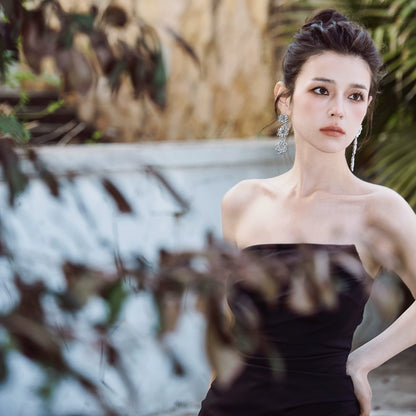 DOLLY Luxury Black Retro Chest Wrap Sleeveless Pleated Slim Fit Mermaid Dinner Dress-IVORY