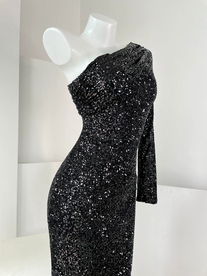 DOLLY Luxury Slant Collar Long Sleeve Sequin Slim Fit Backless Dress-IU