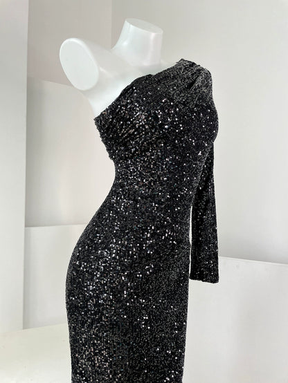 DOLLY Luxury Slant Collar Long Sleeve Sequin Slim Fit Backless Dress-IU