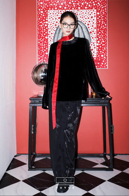 TUYUE Chinese Style Black Slim Satin Woven H-Shaped Skirt- XENA.