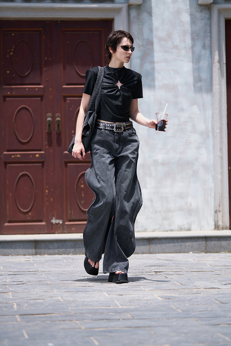 ANNAKIKI Pre-Fall Niche designer 3D wavy fractal deconstructed jeans-JINSHI