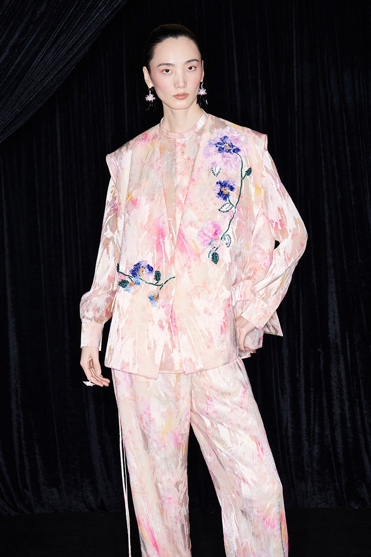 M essential Mackay designer iridescence crepe workshop raffia multi-floral gilet - STEPH.