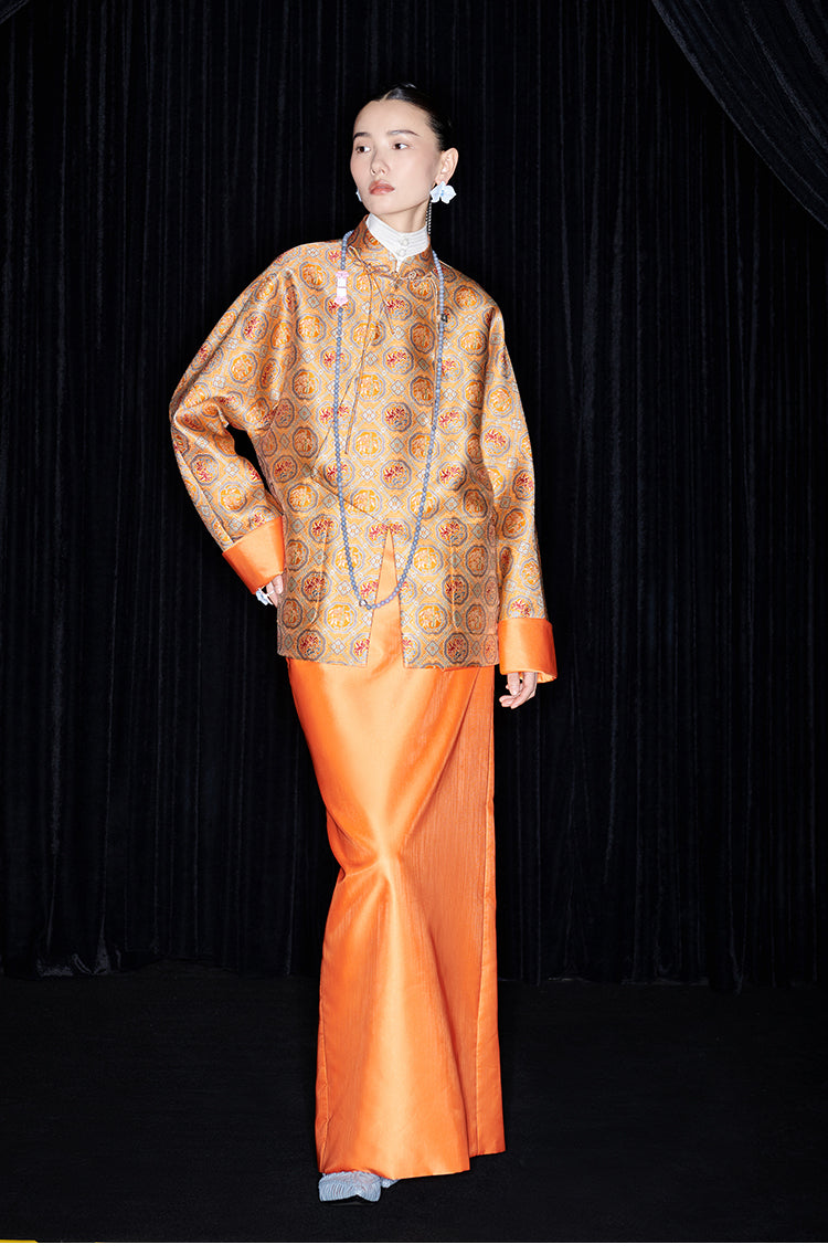 M essential Mackay designer halo stand-up collar jacket orange skirt suit  - Guaida.
