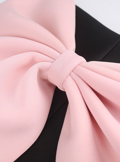 DOLLY Luxury French Style Chest Wrap Pink Bow Body Hug Black Cocktail Dress-ARETE