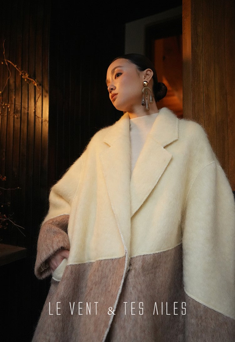 LE VENT&TES AILES French luxury fine long color-block wool coat -ALEC.