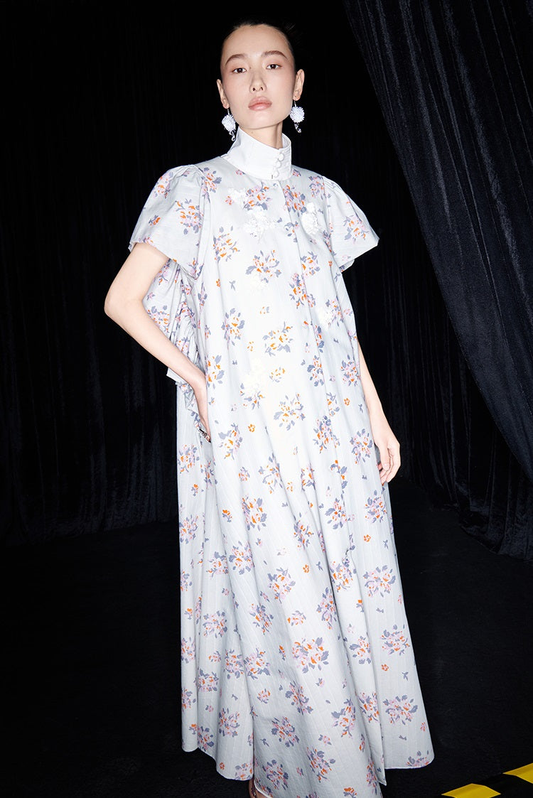 M essential Mackay designer Jinghe Printing floral nail bead puff sleeve dress - HAPPY.