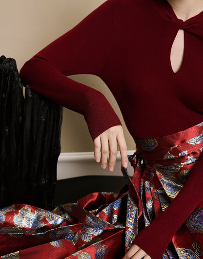 HECO red black white wool Blend twisted cut-out stand collar long-sleeved Knit- secret.