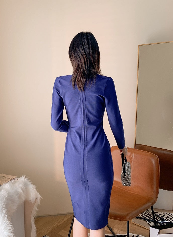 DOLLY Elegant Blue/White Deep V-Neck Long Sleeve Sexy Bandage Party Dress-KONNIE