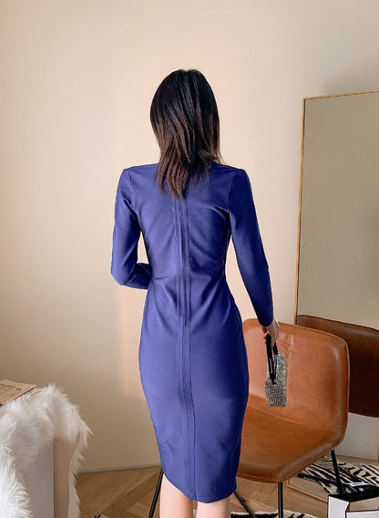 DOLLY Elegant Blue/White Deep V-Neck Long Sleeve Sexy Bandage Party Dress-KONNIE