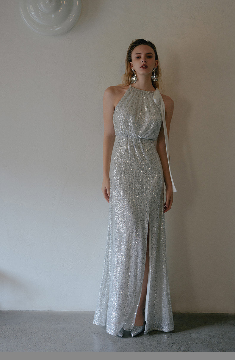 GOUDIN women's evening sleeveless side slit dress-HALTS.