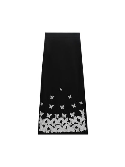 HECO Butterfly Embroidery black white High-waisted Straight Skirt Women - CODE.