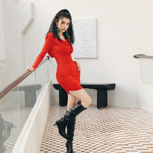 DOLLY Elegant Red Long Sleeve Hooded Slim Fit Hip Hug Short Part Dress-JUDY (V)