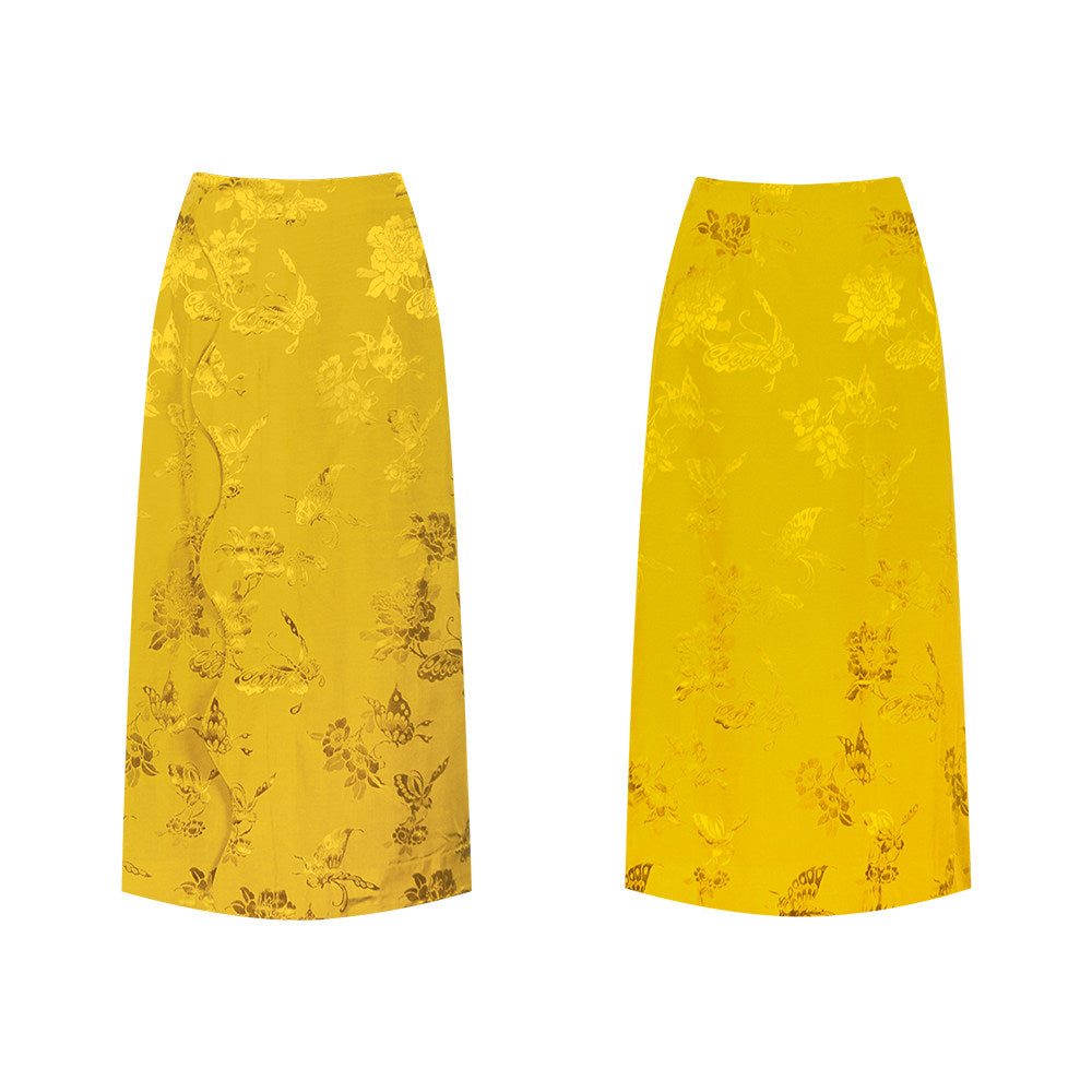 TUYUE Chinese style glazed yellow jacquard skirt- SHARON.
