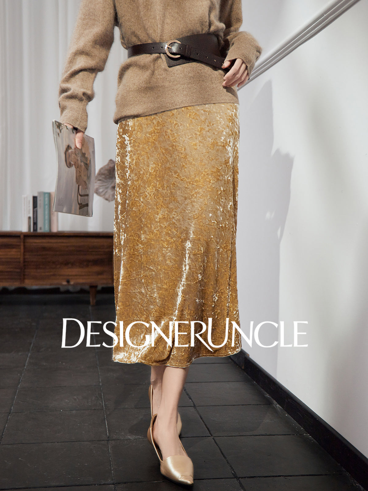DGU "Mu Jin" khaki new retro velvet high-end slimming skirt - STOP.