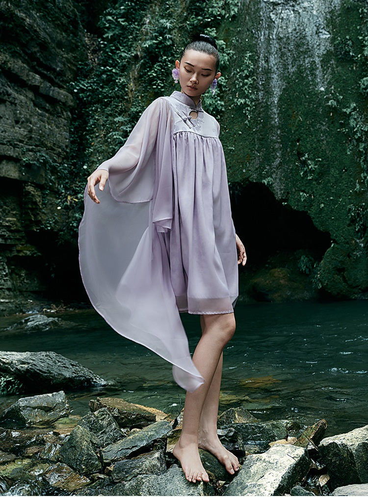 HECO [Feng Wu Clear Sleeves] New Chinese Standing Collar Buckle Flowing Dress- CLOAK.