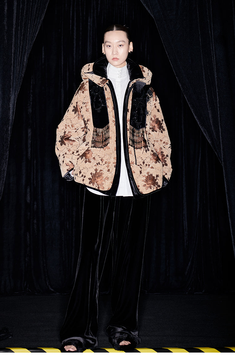 M essential Mackay drop-off jacquard crochet-embroidered hooded puffer jacket - all apere.