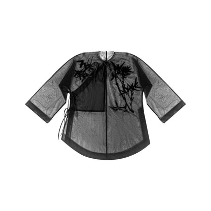 TUYUE Bamboo Leaf Embroidered Mesh Lace-up Top - SKYLA.