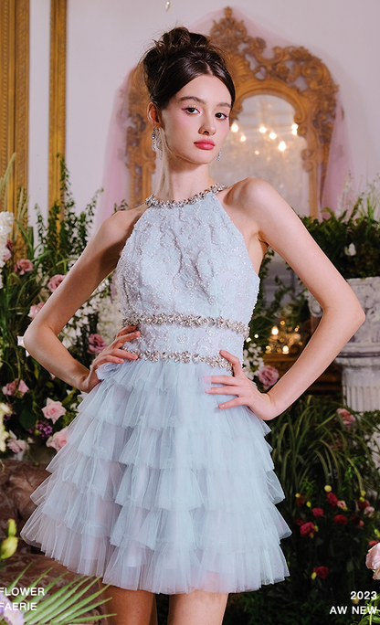 Wardrobes by Chen Luxury Couture Sleeveless halter layered party Dress- Nuni