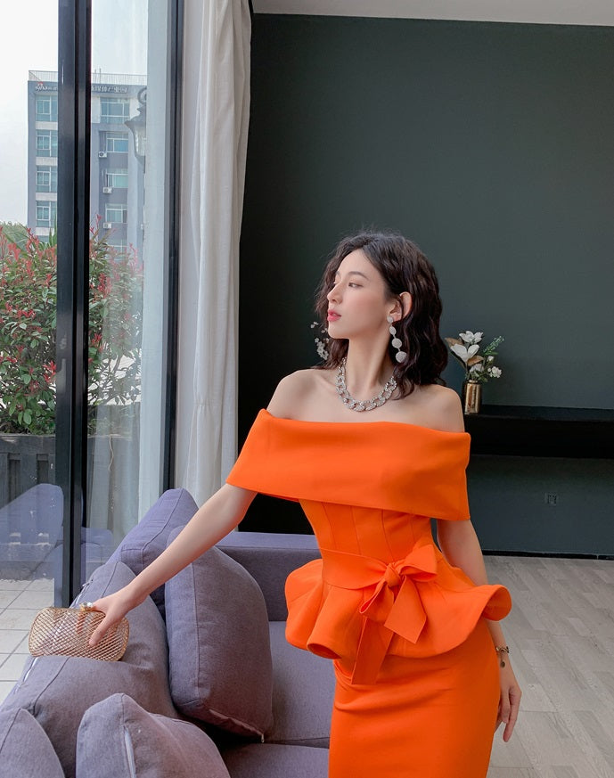 DOLLY High End Off Shoulder Peplum Tube Top Slim Fit Wedding Guest Dress-HANS