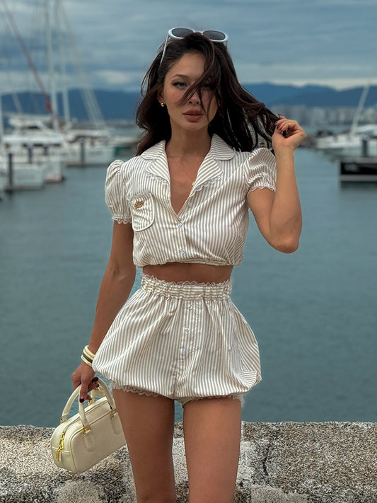 Le Palais Vintage  Sweet and Spicy Girly Short Puff Sleeve Shirt High Waist Pumpkin Shorts-QUINN