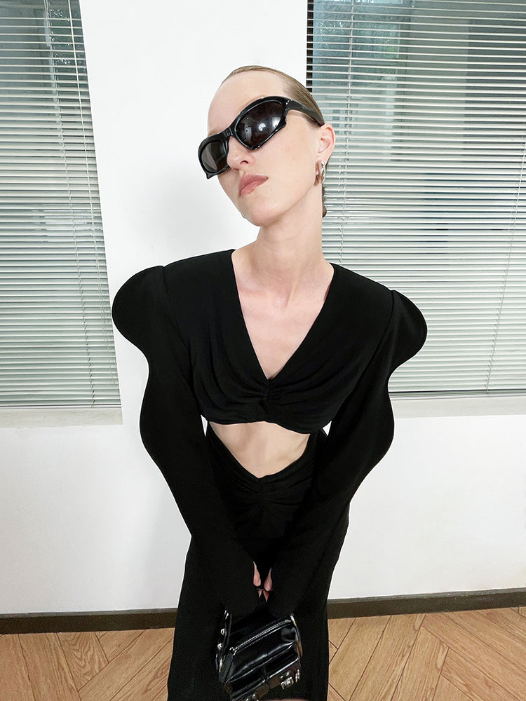 ANNAKIKI acetic acid wavy sleeve hollow V-neck dress-CHARMAINE