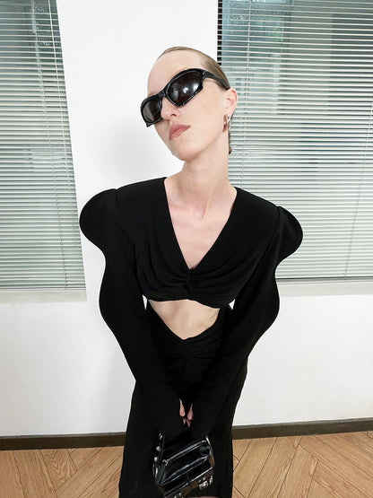 ANNAKIKI acetic acid wavy sleeve hollow V-neck dress-CHARMAINE