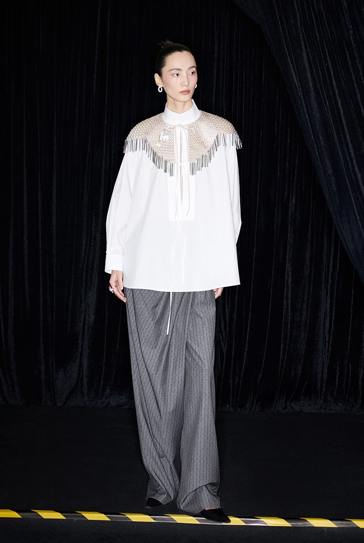 M essential Mackay designer handmade chain mail fringe embellished collar shawl - SIND.